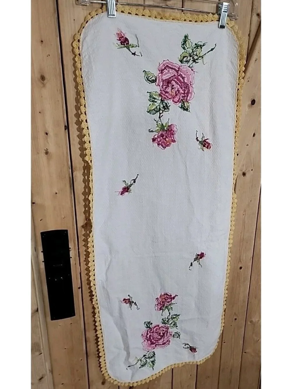 Vintage Hand Embroidered Crocheted Edge Rose Floral Table Runner Dresser Scarf